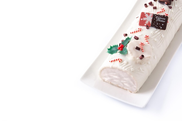 White chocolate yule log cake