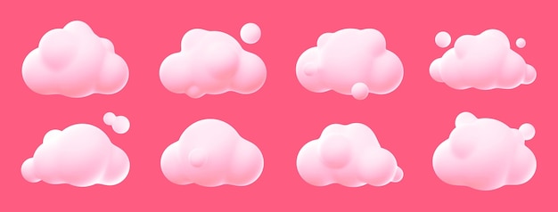 Nuvole bianche isolate sul set di illustrazioni 3d rosa