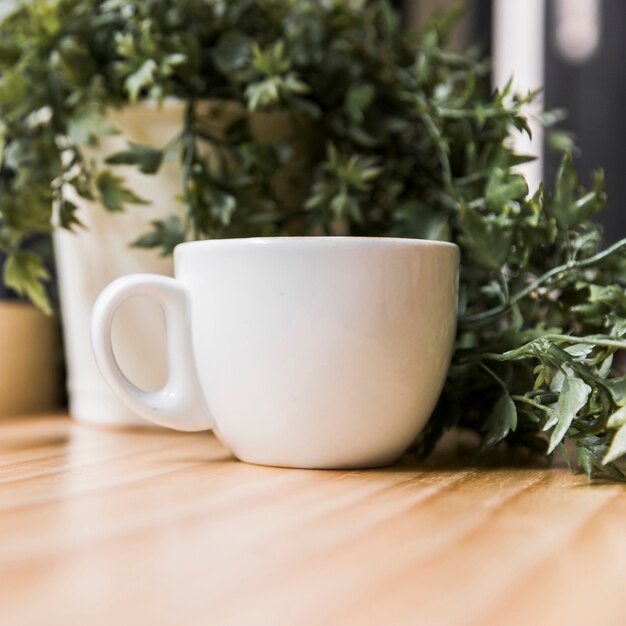 White coffee cup with potted plant on wooden desk