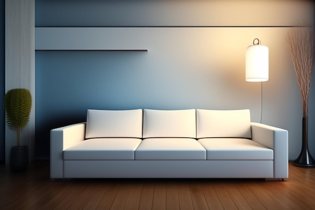 Free photo a white couch in a living room with a lamp on the wall.