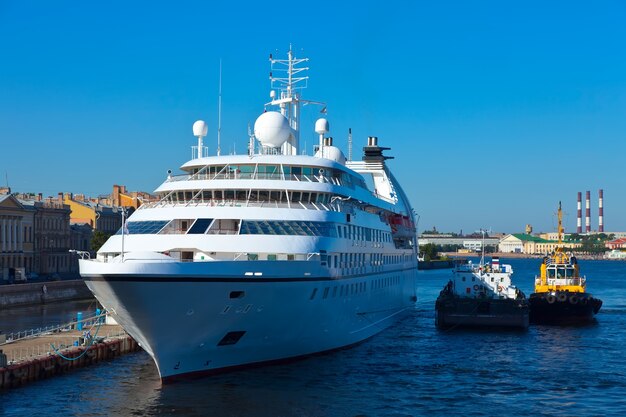 white cruise ship at Neva. Saint Petersburg