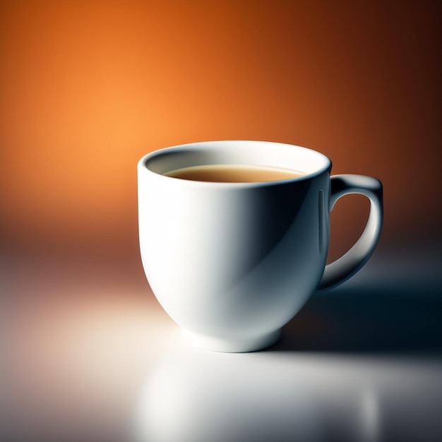 A white cup of coffee with a dark orange background.