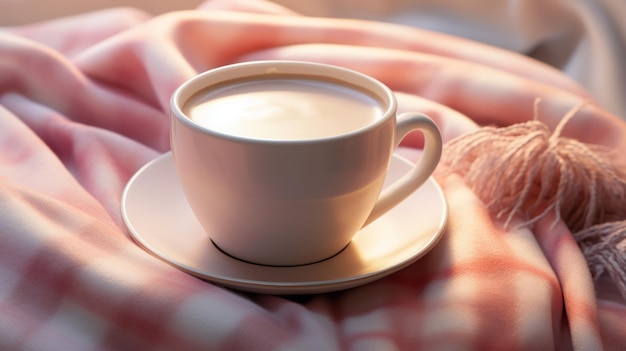 Foto gratuita una tazza bianca piena di caffè o tè caldo e una goccia di latte si trova accanto a un accogliente plaid color avorio