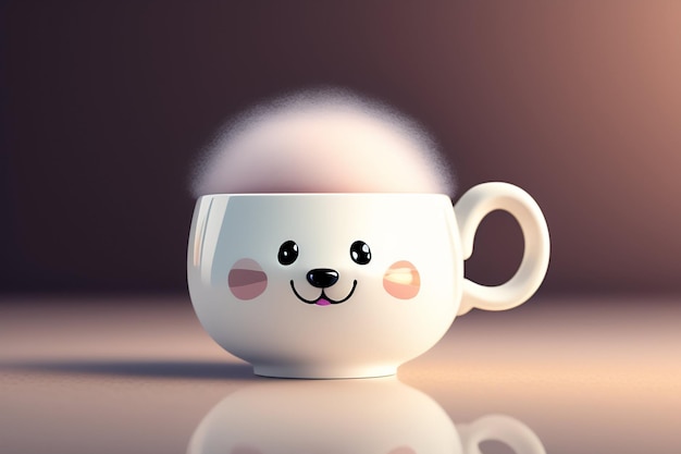 A white cup with a face made by the company of a cat.