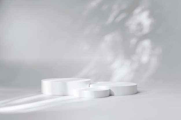 흰색 실린더 연단 및 나무 그림자 받침대 제품 디스플레이 스탠드 배경 3d 렌더링