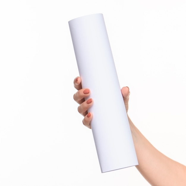 Free photo white cylinder of the props in the female hands on white background with right shadow