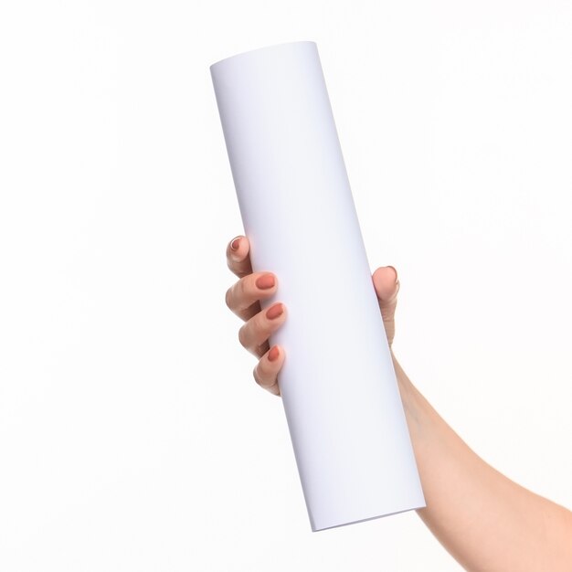 white cylinder of the props in the female hands on white background with right shadow