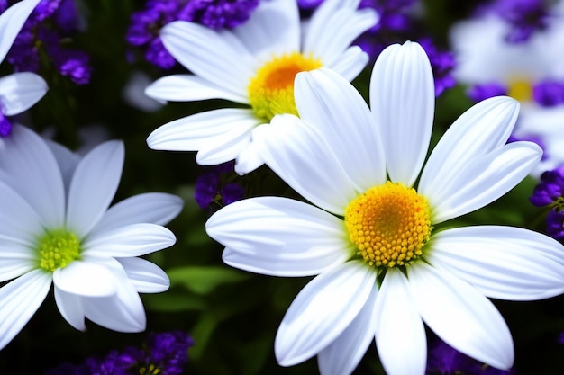 A white daisy with a yellow center is surrounded by purple and yellow flowers.