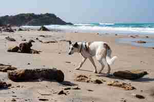 Foto gratuita cane bianco che attraversa una spiaggia circondata dal mare sotto un cielo blu e la luce del sole