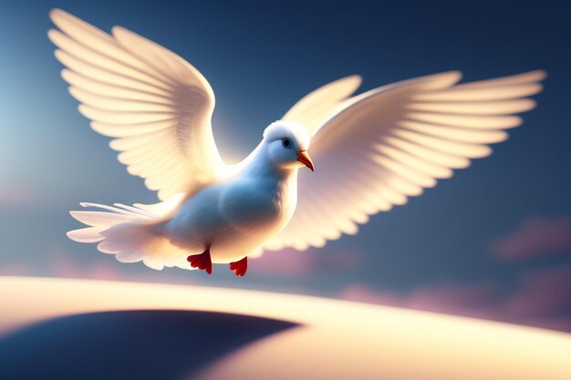 A white dove flying in the sky with its wings spread.
