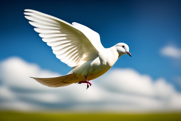 白い鳩が翼を広げて空を飛んでいます。