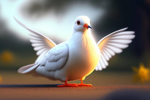 A white dove with orange eyes and a black beak is standing on a concrete surface.