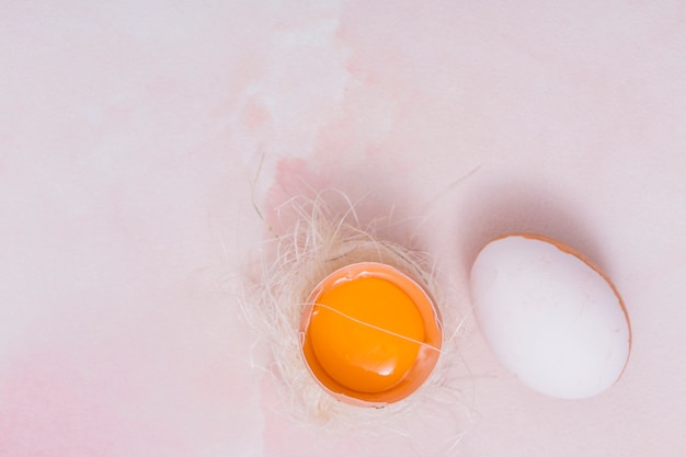 White egg with broken egg in nest