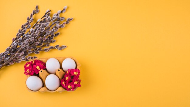 White eggs in rack with willow branches 