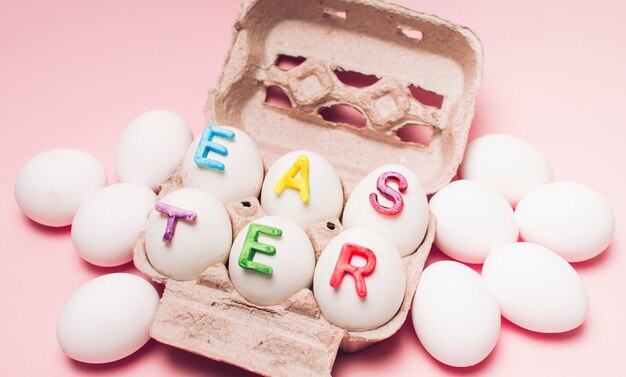 White eggs with word Easter 