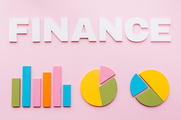 Белый финансовый текст над гистограммой и двумя круговыми диаграммами на розовом фоне