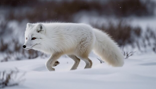 하얀 여우가 북극이라는 단어를 앞에 두고 눈 속을 걷고 있습니다.