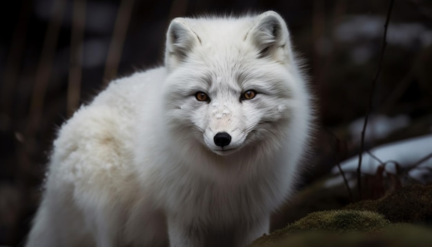 Free photo a white fox with black eyes and a black nose looks at the camera.