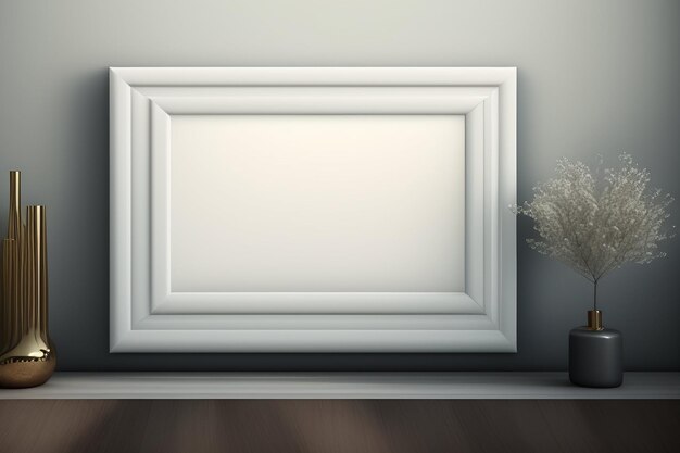 A white frame is on a wall with a vase of flowers in the corner.