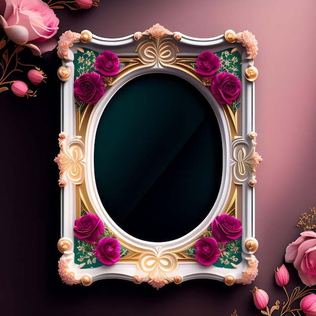 Free photo a white frame with pink and red flowers and a gold frame with a pink background.