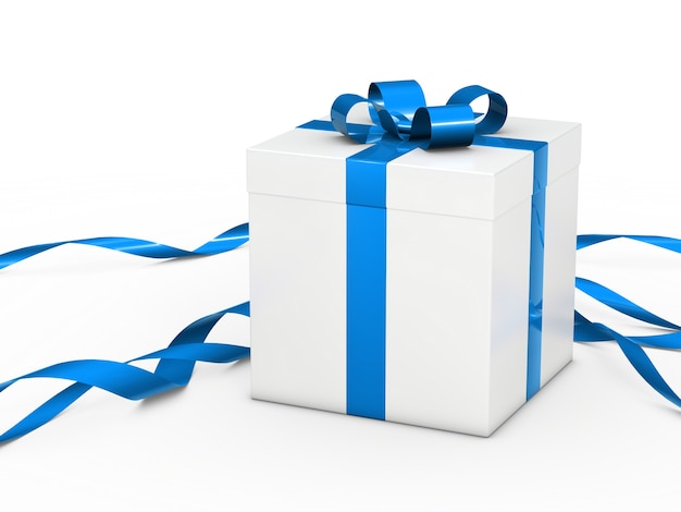 White gift box with blue ribbon