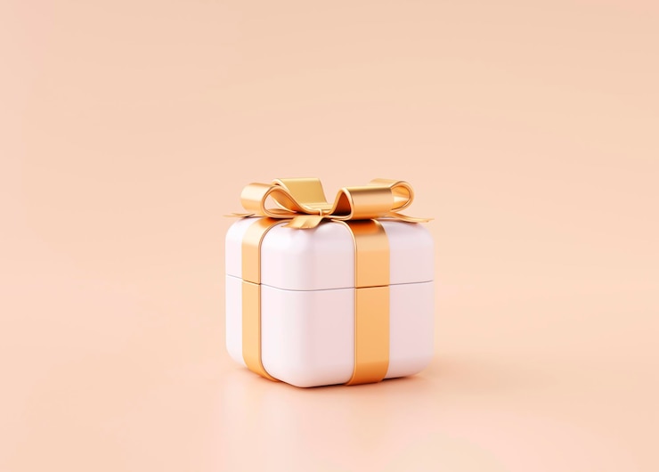 Free Photo white gift box with gold ribbon present surprise cartoon on yellow background 3d illustration