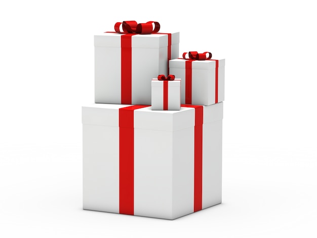 Бесплатное фото Белые подарочные коробки с красной лентой