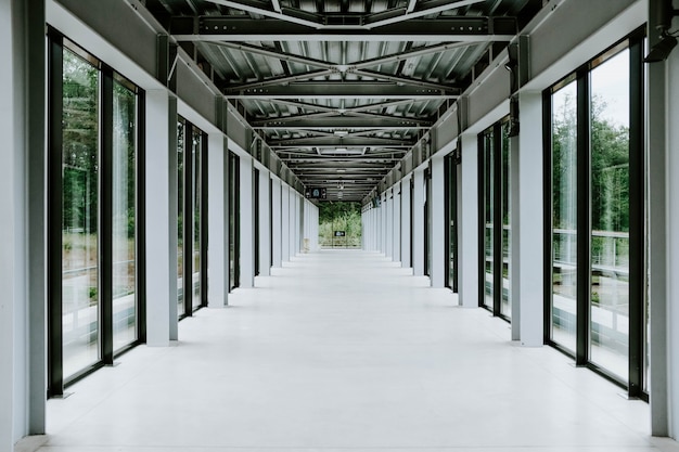 White hallway with glass doors and metal ceiling in a modern building