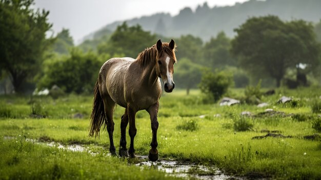 牧草地の白い馬