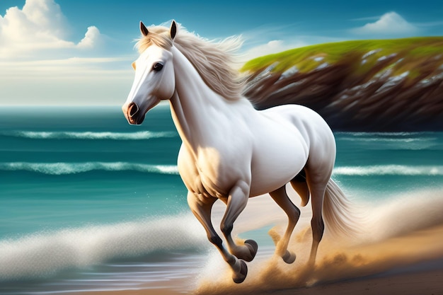 Free photo a white horse runs on the beach
