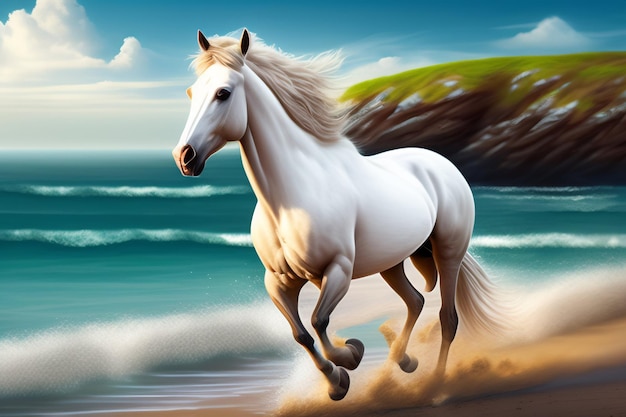 Free photo a white horse runs on the beach