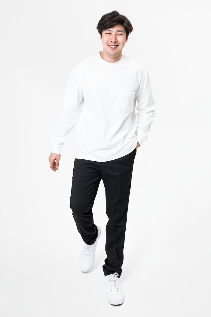 무료 Photo 흰색 긴 소매 티 남성 캐주얼 의류