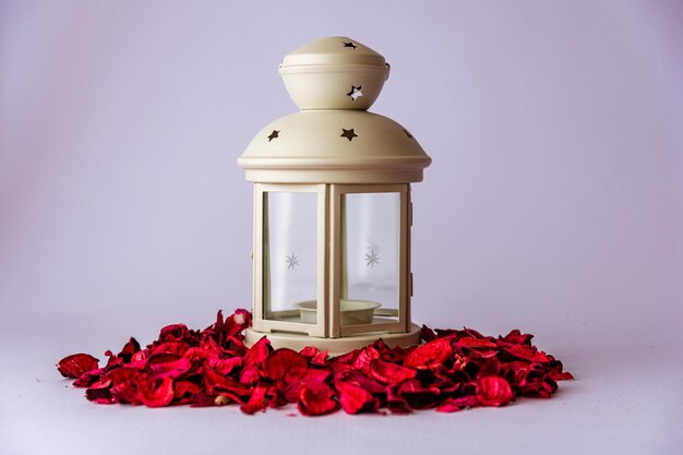 White metal star cutout lantern surrounded by red rose petals