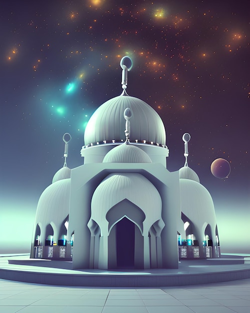 A white mosque with a blue dome and a planet in the background.