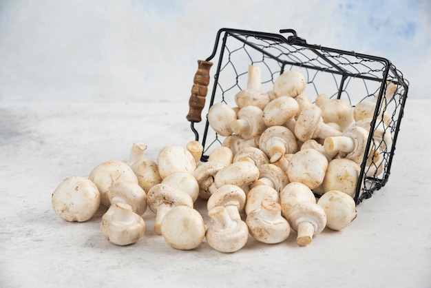 Free photo white mushrooms out of a metallic basket.