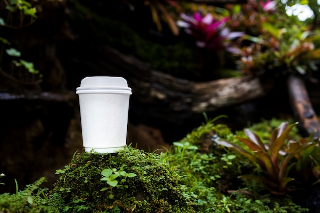 Белый бумажный стаканчик кофе на красивой природе