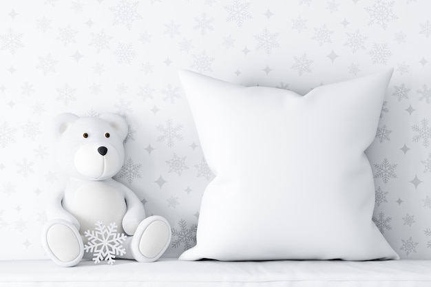 Макет белой наволочки на белом диване и зимнем белом медведе
