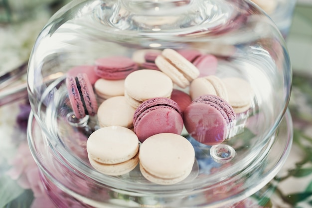 White and pink macaroons under glass cover