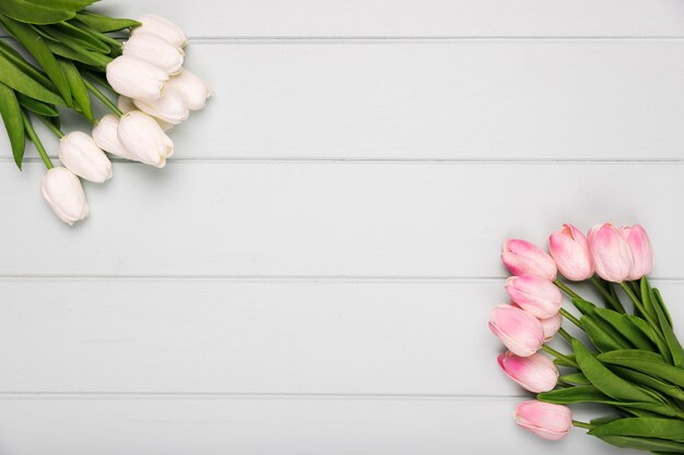 White and pink tulips bouquets on table