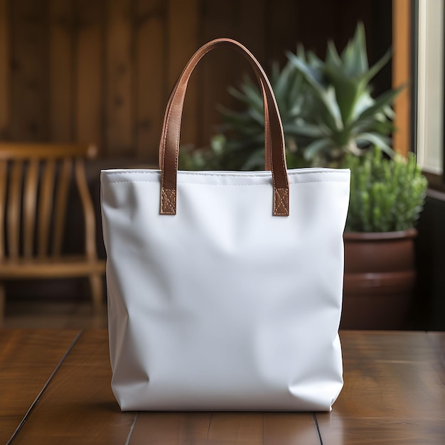 Free photo white plain eco bag with brown handle mockup