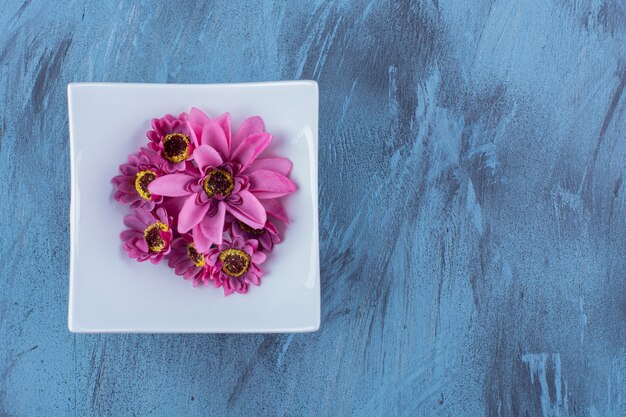 A white plate with purple flower on blue.