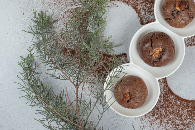 A white plates with chocolate cookies with powdered cacao