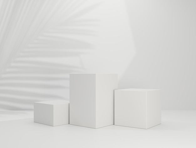 Free photo white podium pedestal empty product display to show cosmetic product platform with leaf shadow on white background 3d rendering