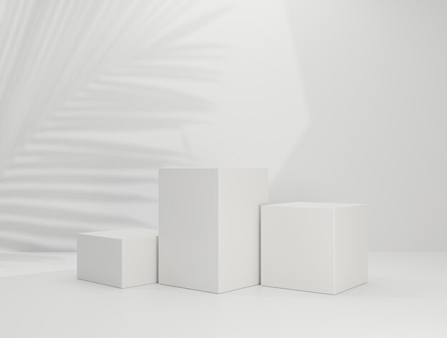 Пустой дисплей продукта на белом подиуме для демонстрации платформы косметического продукта с тенью листа на белом фоне 3d-рендеринга