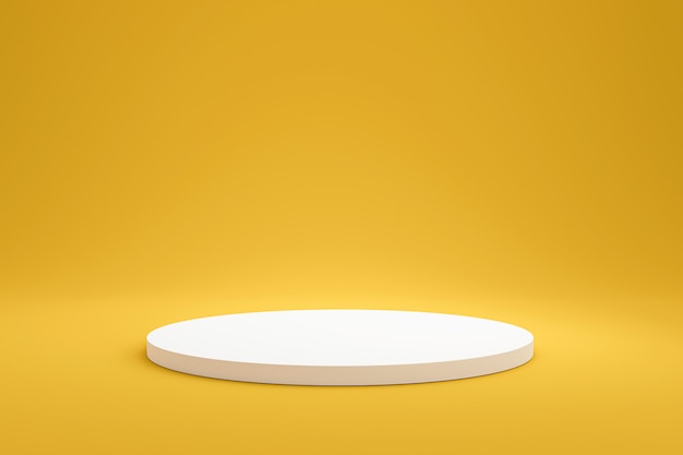 White podium shelf or empty pedestal display on vivid yellow summer background with minimal style. blank stand for showing product. 3d rendering.