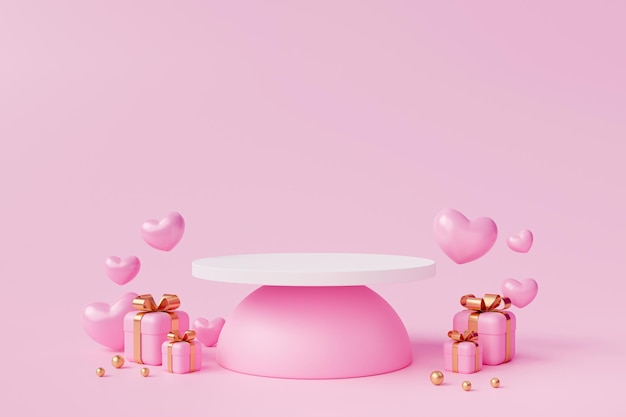 분홍색 배경 3D 렌더링에 하트와 분홍색 선물 상자 실린더 받침대 제품 디스플레이 스탠드 로맨스 러브 플랫폼이 있는 흰색 연단