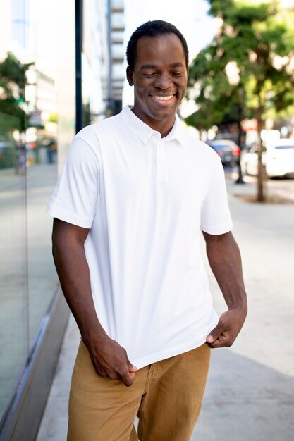 White polo shirt casual apparel outdoor shoot