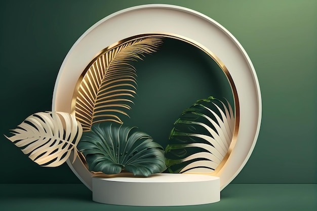 White product podium with green tropical palm leaves generative ai