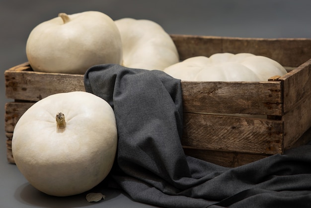 White pumpkins with box arrangement