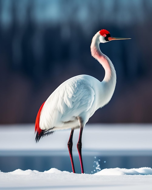 Un fenicottero bianco e rosso si trova nella neve.